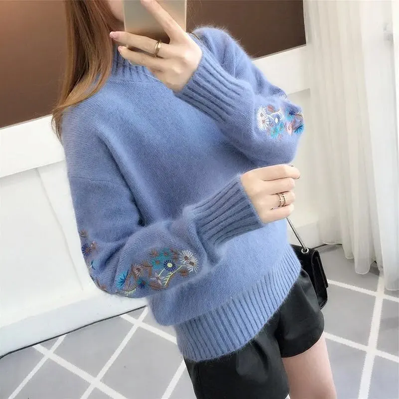 RealShe Осенний женский свитер 2019 водолазка длинный рукав вышивка толстый