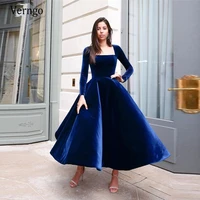 verngo 2021 simple royal blue velour evening dresses long sleeves strapless fluffy open skirt ankle length prom party gowns