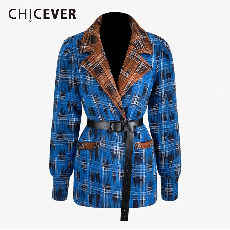 CHICEVER клетчатые популярные цветные куртки для женщин воротник с лацканами фонарь
