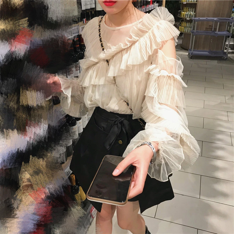 Рубашка RealShe женская летняя с о-образным вырезом длинным рукавом и оборками |