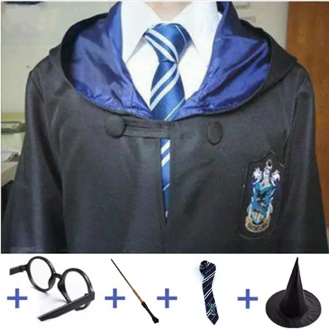 Ravenclaw full Set 4 Robe Cape Cloak With Tie Scarf Wand Potter Glasses Ravenclaw Gryffindor Hufflepuff Slytherin Costume Adult Potter Cosplay - Цвет: Ravenclaw full Set 4