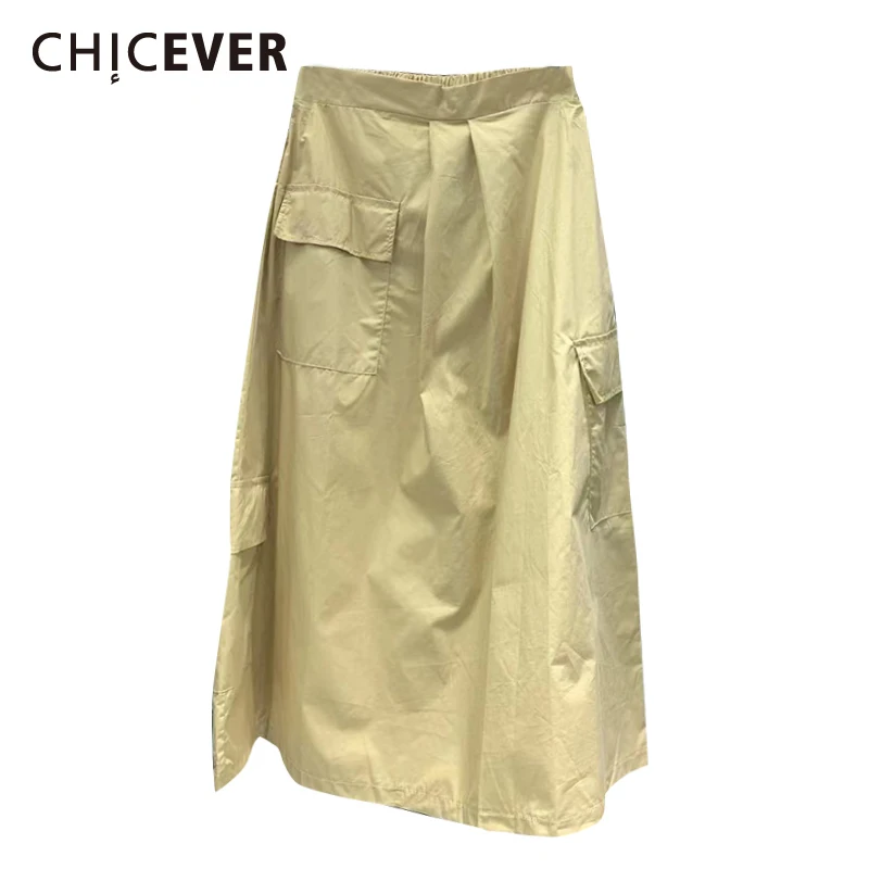 

CHICEVER Однотонная юбка для женщин с высокой талией, лоскутные карманы, трапециевидные Свободные повседневные юбки, женская одежда 2021, модный ...