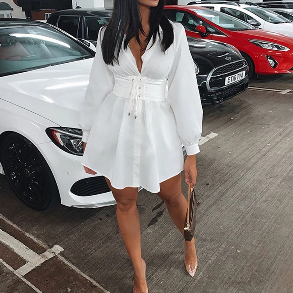 JillPeri Autumn Long Sleeve Shirt Dress with Corset Belt Solid Sexy Elegant Outfit Office Lady Street Wear Party Dress Set