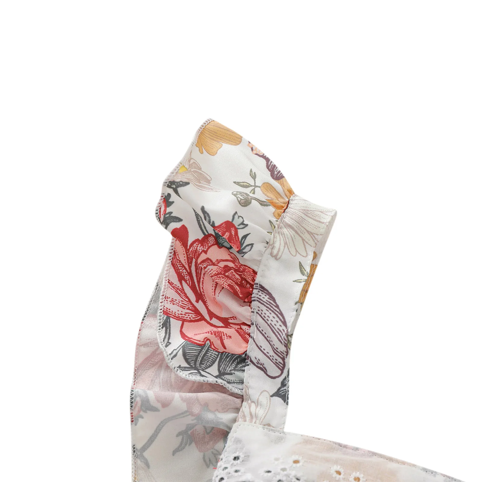 

Newborn Baby Girls Flower Printed One-piece Romper, Ruffled Fly Sleeve Lace Decoration Square Neck Triangle Jumpsuit for Summer