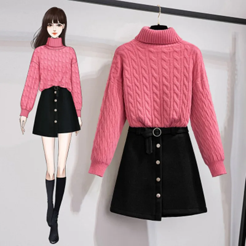 

Autumn Winter White Turtleneck Thick Warm Sweater And Skirt Short Two Piece Set Korean Clothing Set Women Knitted Suits Knitwear