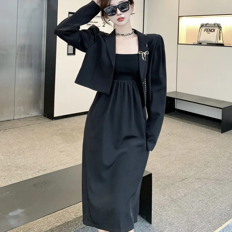 

Женское платье, костюмы, новинка, Осеннее темпераментное пальто с открытой спиной, женское платье, комплект из двух предметов, женские офисн...