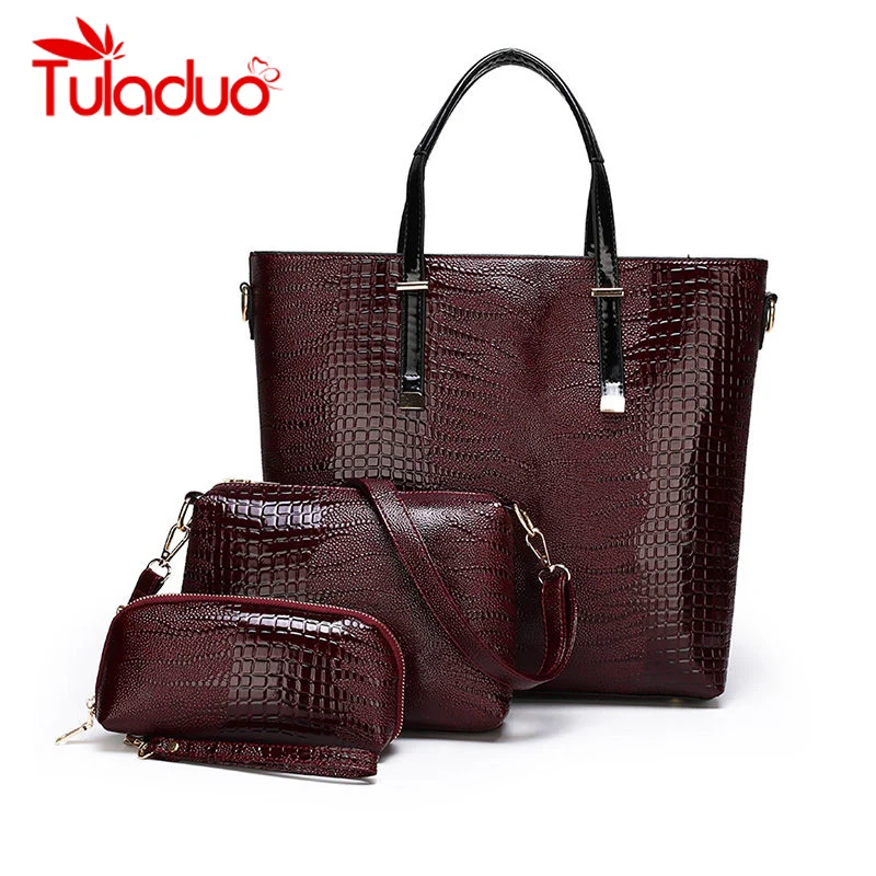 3 комплекта лакированная кожа женская сумка роскошная с текстурой под кожу