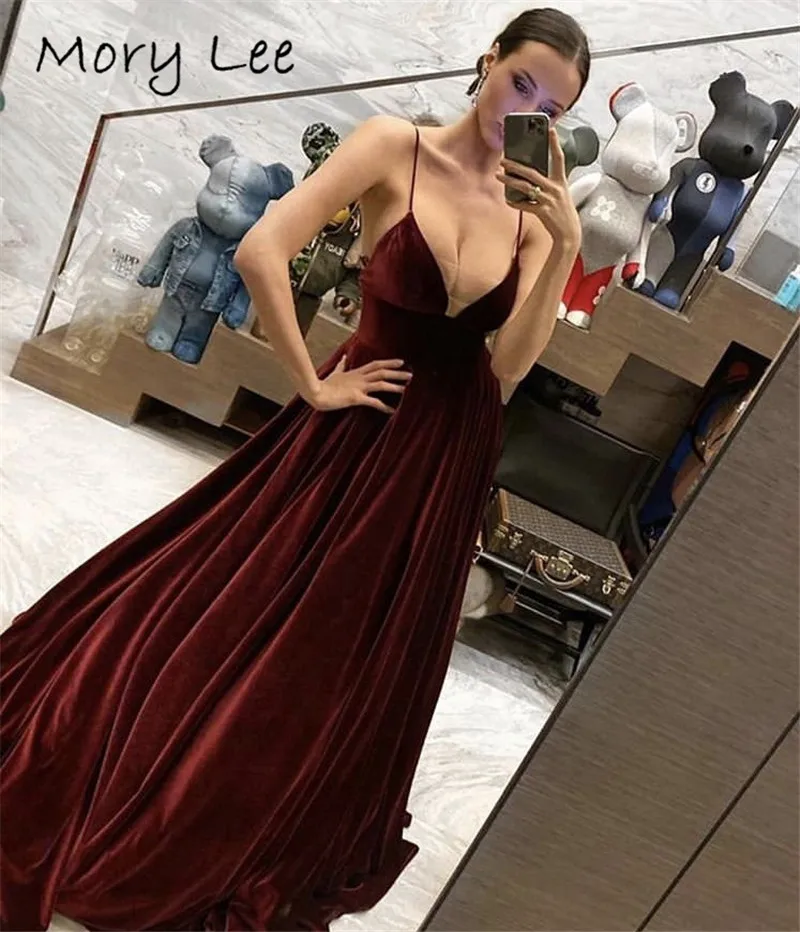 

Бордовое вечернее платье с V-образным вырезом, на бретельках, длиной до пола, а-силуэт, длинное велюровое вечернее платье, платья для вечерин...