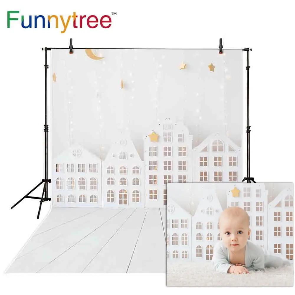 Фоны Funnytree для фотостудии белые деревянные здания декор звезды детская комната