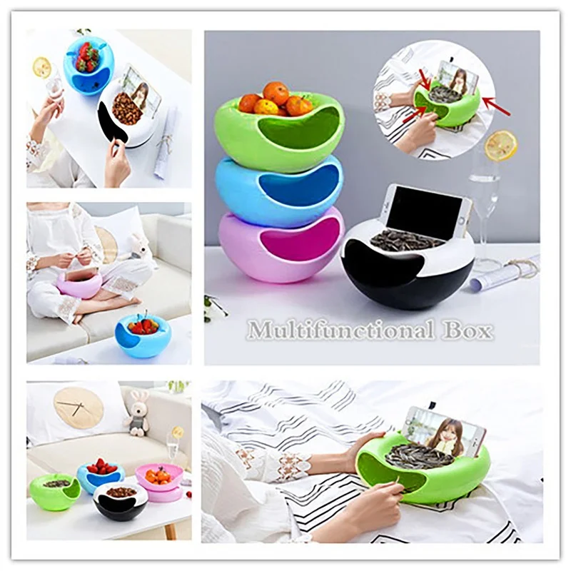 

Multifunction Household Lazy Snack Bowl Plastic DoubleLayer Phone And Fruit Mobile Bowl Chase Storage Artifact Bracket Snack Box