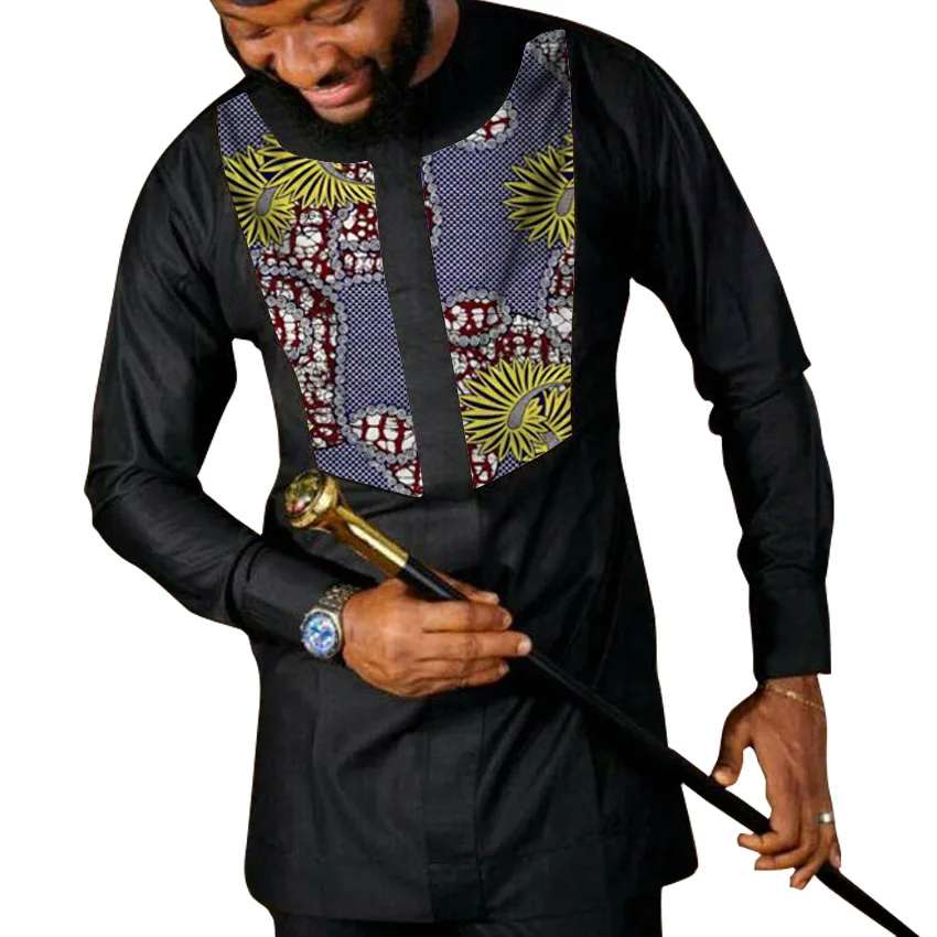 

African fashion shirts men Ankara print long sleeve dashiki shirts black cotton and wax patchwork o-neck tops African clothes