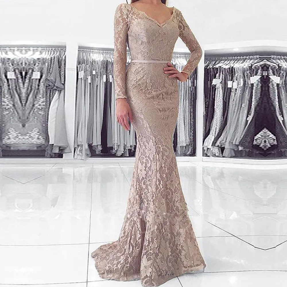 

Mermaid / Trumpet Party Gowns V-Neck Sweep/Brush Floor length Evening Dresses Lace long-sleeved Button Open back Party Dresses