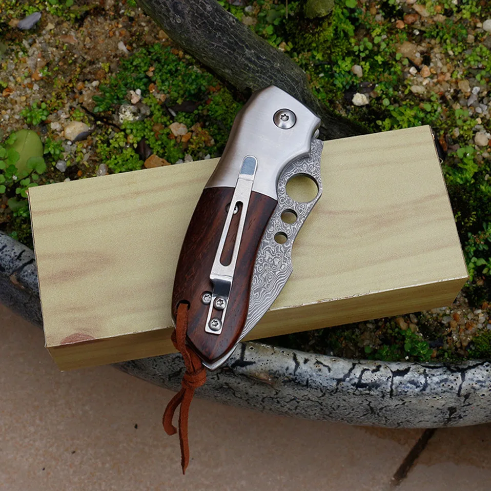 

Dropship VG10 Damascus Steel Folding Tactical Knife Outdoor Knife pocket Red Sandalwood Camping Knife With Box survival knife