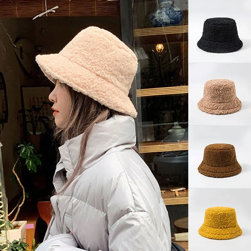 

new lambswool Bucket Cap winter Furry Hat Round Hats Solid Fisherman Hat Casual wild Shading Cap Foldable Bucket Hat Women Cap