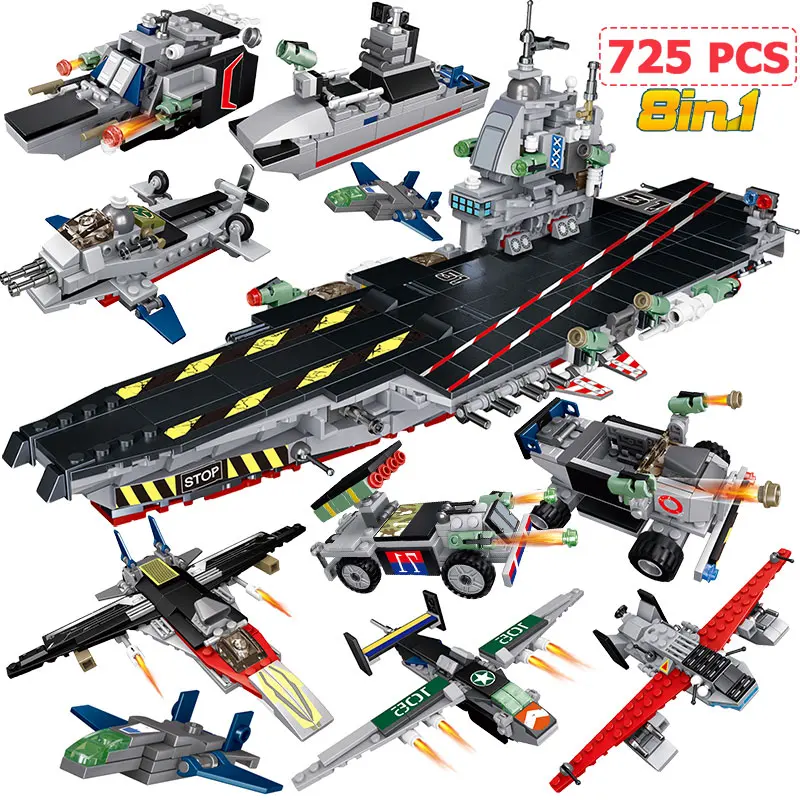 

725Pcs Helicopter Fighter Cars Airplane Aircraft Destroyer Carrier Compatible Military WW2 Weapon Model Building Blocks Kids Toy