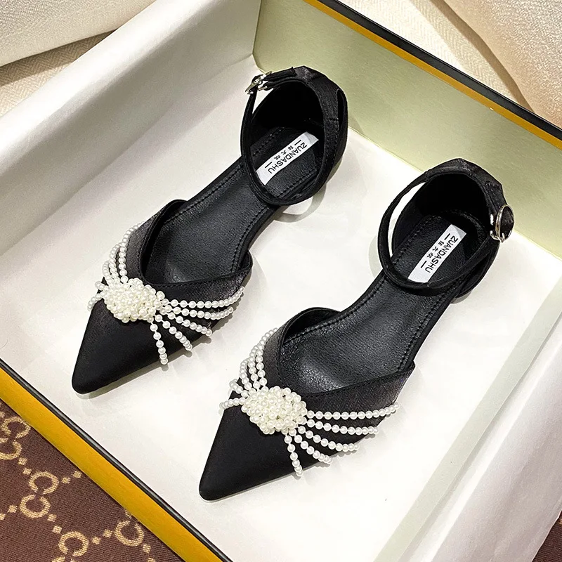 

Female Sandal Large Size All-Match Black Shoes for Women Buckle Strap Girls Big Beige Comfort Flat Fashion 2021 Scandals Silk Fa