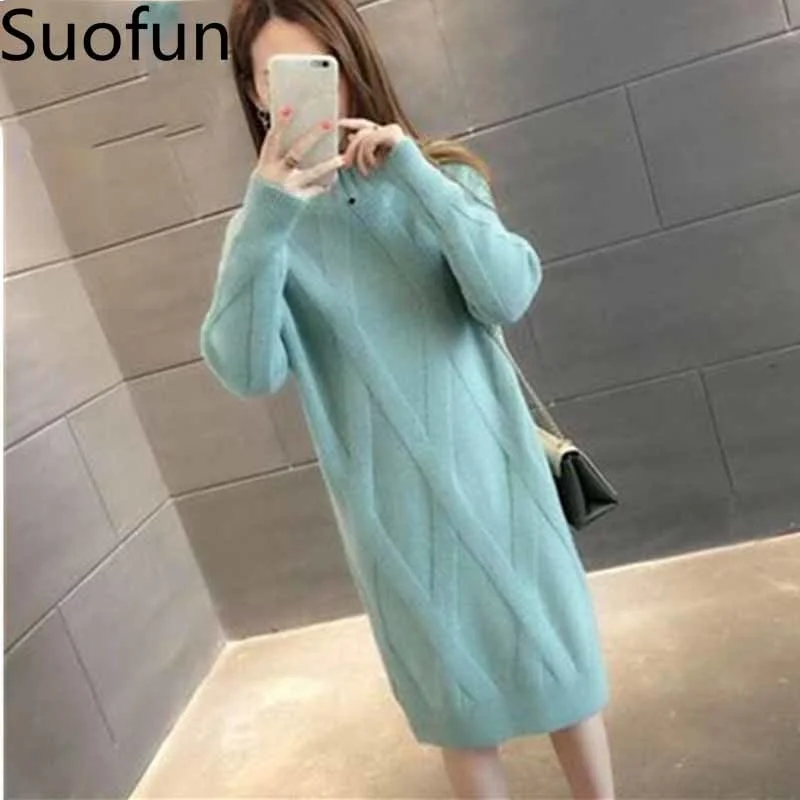 

Suofun Casual Long Mouths Thick Solid 2021 New Herf Winter Women Trui Women's Wearing Women's Trui Autumn Sweater Dress