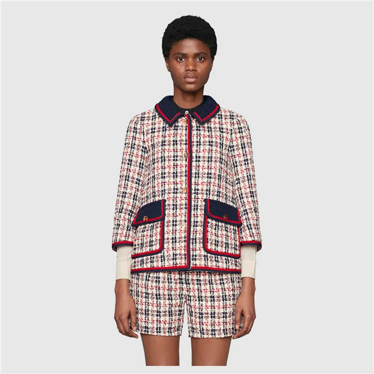 Новинка Клетчатое твидовое пальто с лацканами в стиле ретро Шорты Костюм из двух