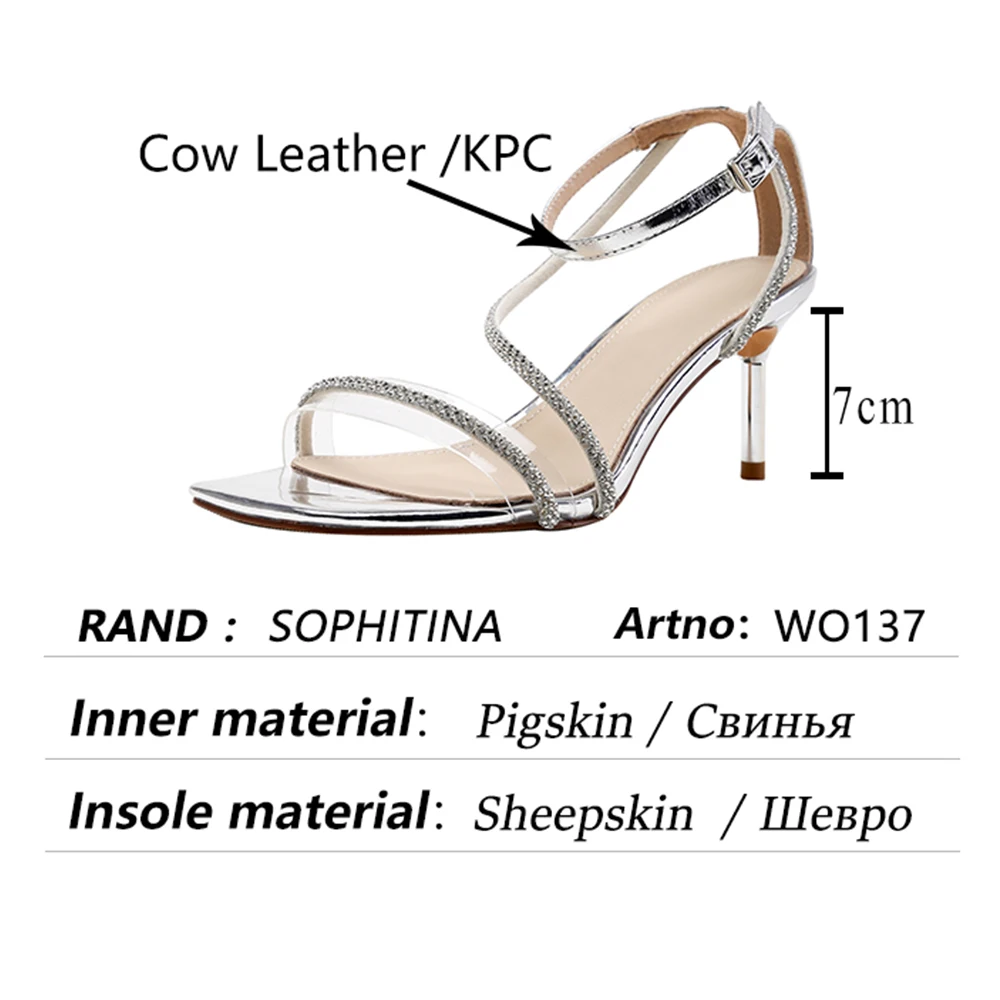 

SOPHITINA Women Sandals Elegant PVC Rhinestone Narrow Band Leather Sandals Thin Heels Silver Sexy Party Wedding Lady Shoes WO137