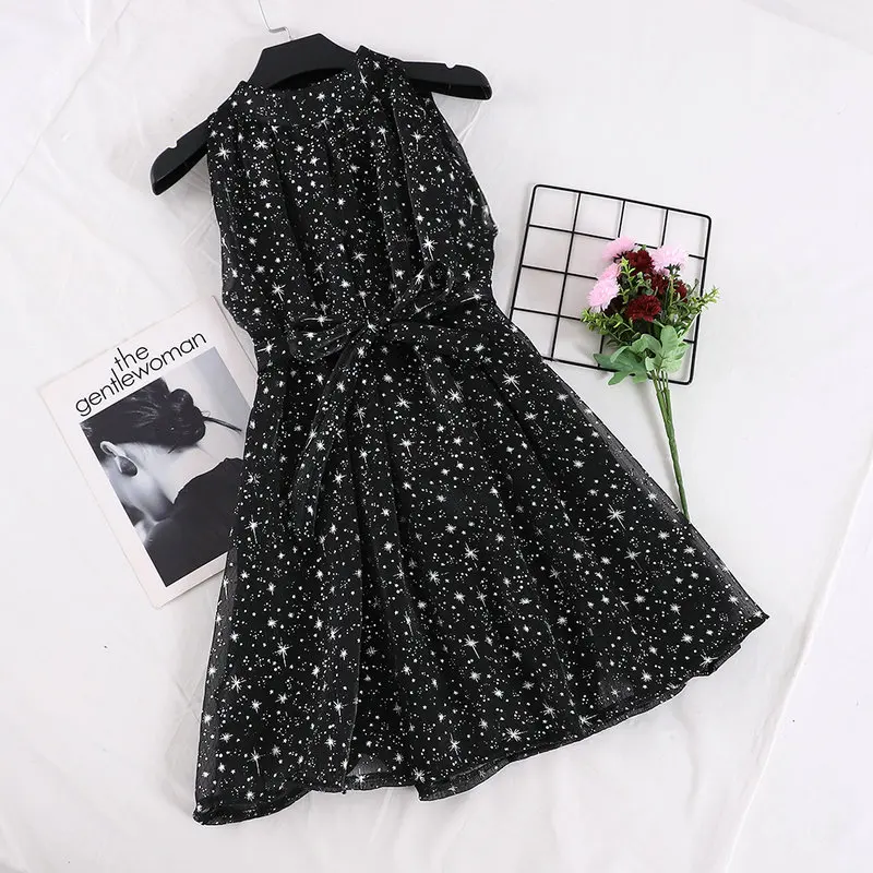Black Dress Элегантное женское летнее платье из органзы со звездным принтом, пышное женское платье с бретельками на шее, без рукавов, на шнуровке, Бандажное шифоновое бальное платье, цельное платье - Цвет: Black Dress