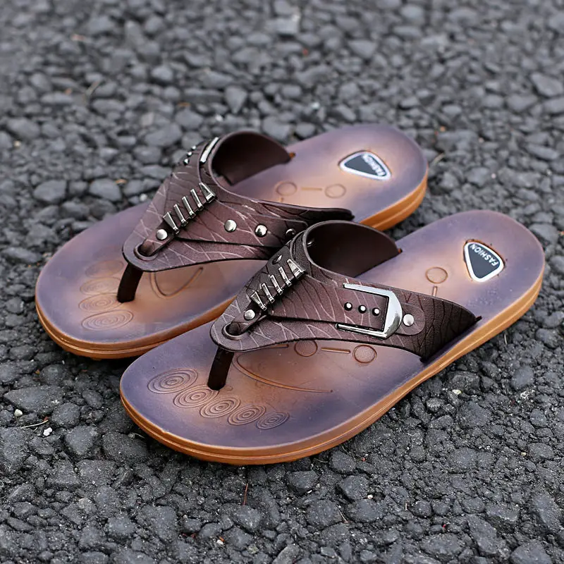 Мужская Летняя обувь Мужские Пляжные Шлепанцы из коровьей кожи модные Вьетнамки