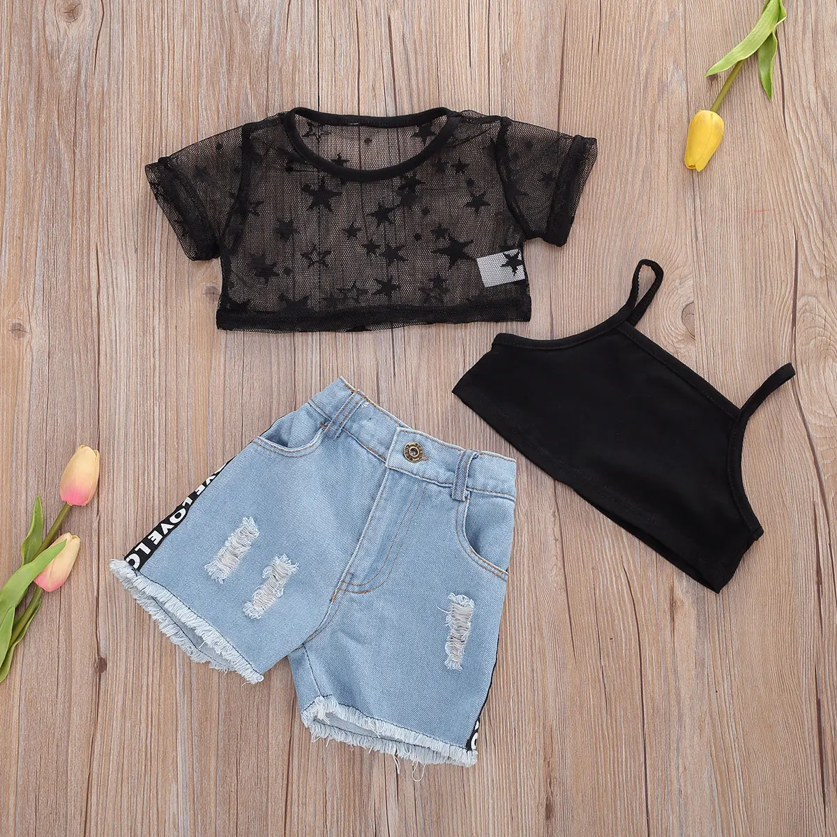 Женский модный костюм из 3 предметов для маленьких девочек черный жилет + топ с