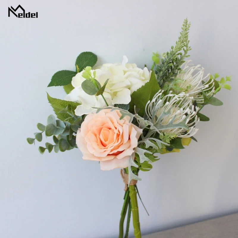 

Meldel Wedding Bouquet Artificial Flower Silk Rose Hydrangea Fake Leucospermum Staghorn Fern Wedding Table Home Decor Bouquets