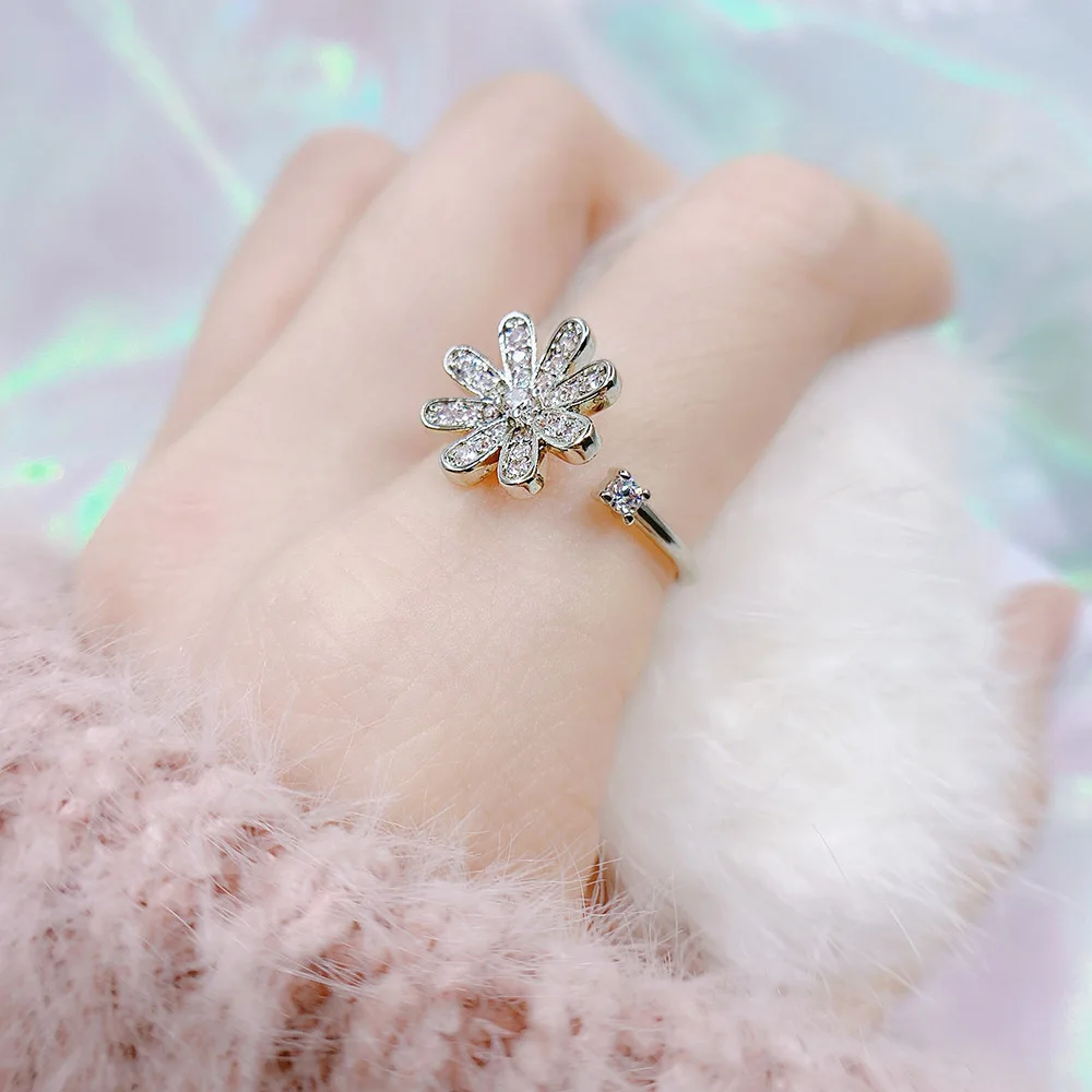 Двойное яркое кольцо миди с цветком для женщин регулируемое Кристальное розовое