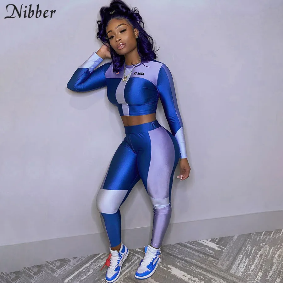 

Nibber spring fashion elastic Slim print crop tops leggings sets women 2020Fitness casual sportswear Tee shirt 2two-piece suits