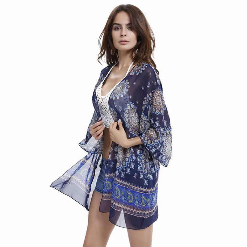 Женские шифоновые рубашки с принтом Blusa свободные шали кимоно кардиган топы