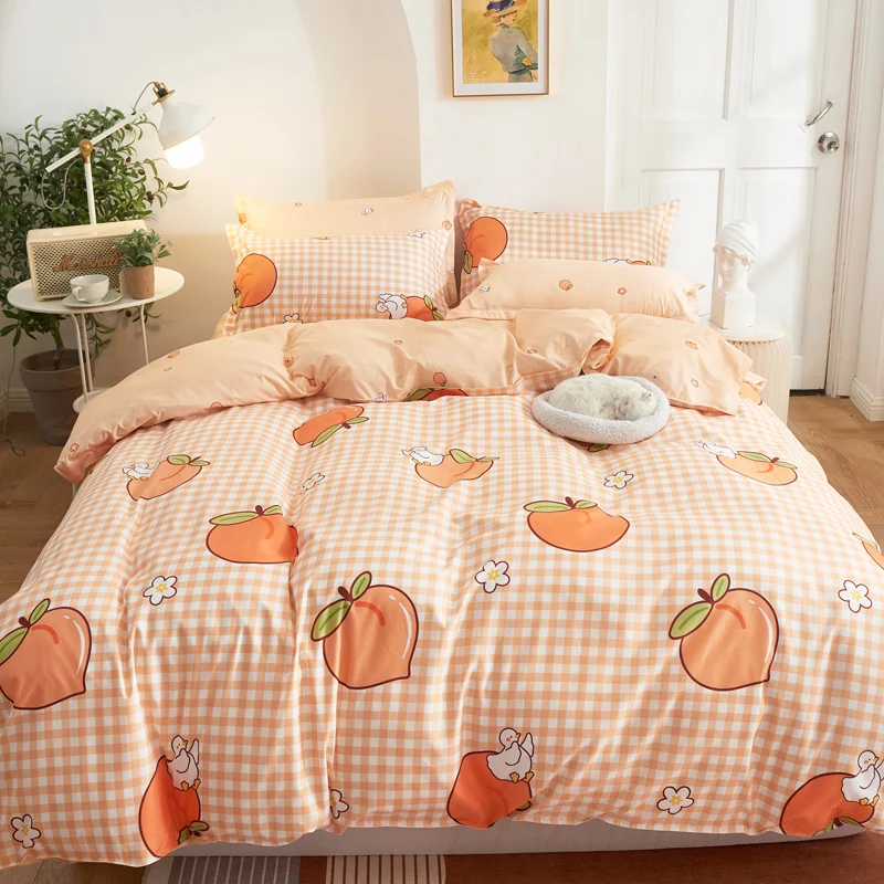 

3/4 PCS Kawaii Bedding Cute Peach Quilt Cover Set With Pillowcase Girl Dormitory/Bedroom Double Queen-Size Bed Quilt Cover Sheet