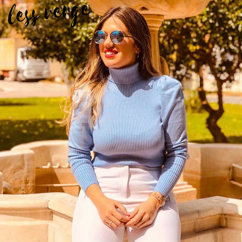 Lessverge с пышными рукавами синий вязаный свитер осень для женщин Повседневная