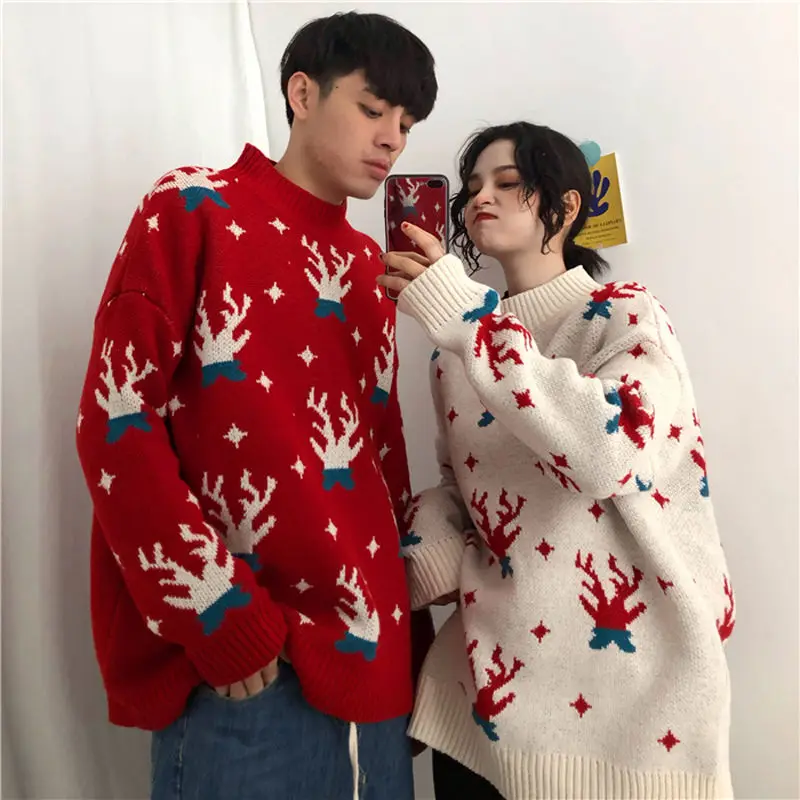 

Christmas Sweater Women's Autumn and Winter New Loose and Versatile Lazy Couple Elk New Year Sweater Coat Tide