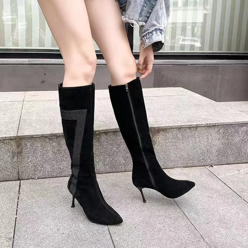 New Black Knee-High Boots Female Zipper Long Fenty Beauty High Heels Riding Women's Red Bottom botines mujer |
