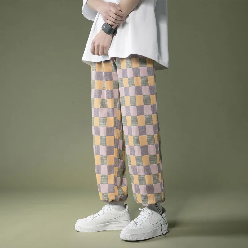 

Summer Thin Casual Pants Men's Fashion Retro Plaid Pants Men Streetwear Loose Hip-hop Straight Wide-leg Pants Mens Trousers
