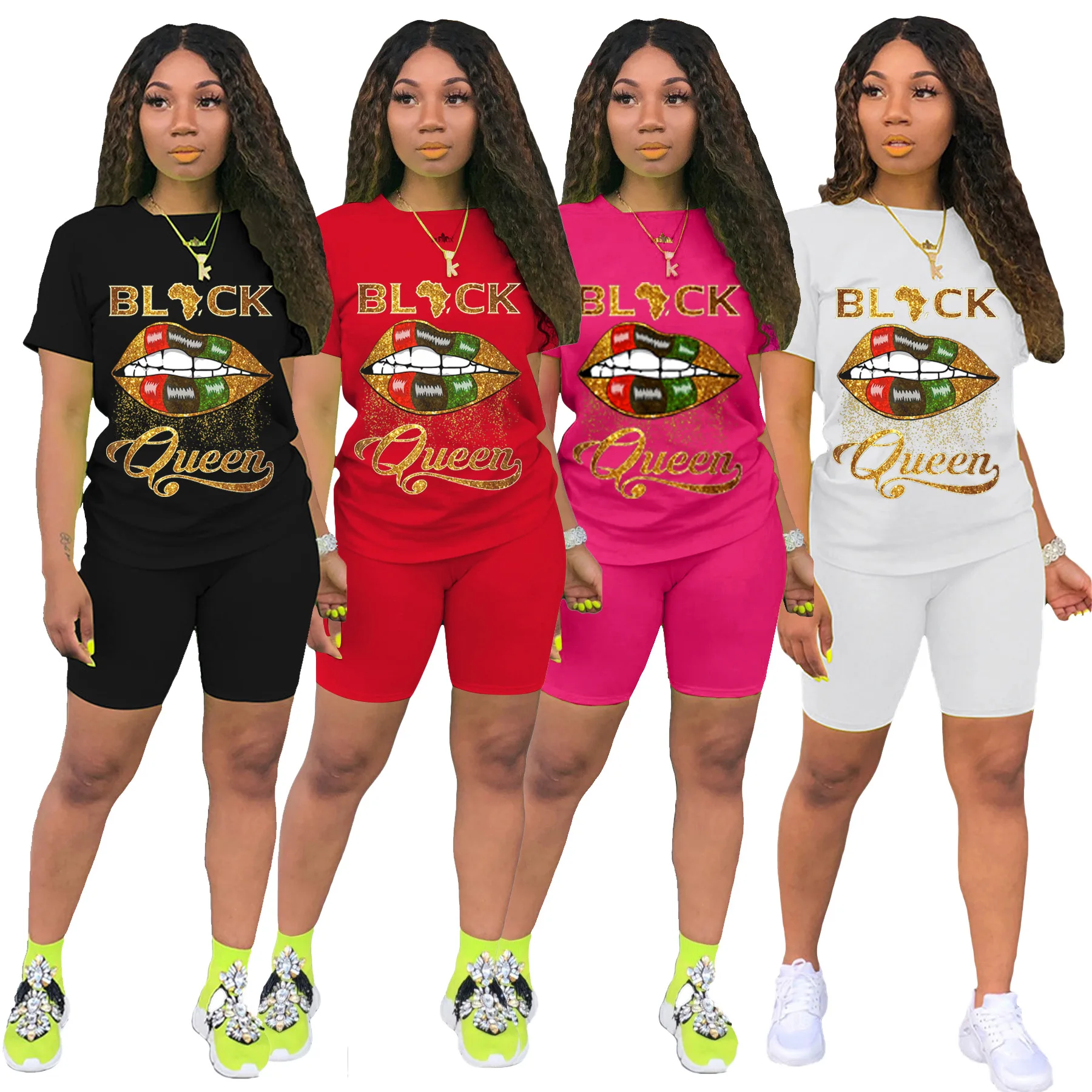 

2021 New Women Sport Black Queen Lips Two Piece Set T-shirt Tops Knee Length Jogger Sweatpant Suit Tracksuit Set Outfits