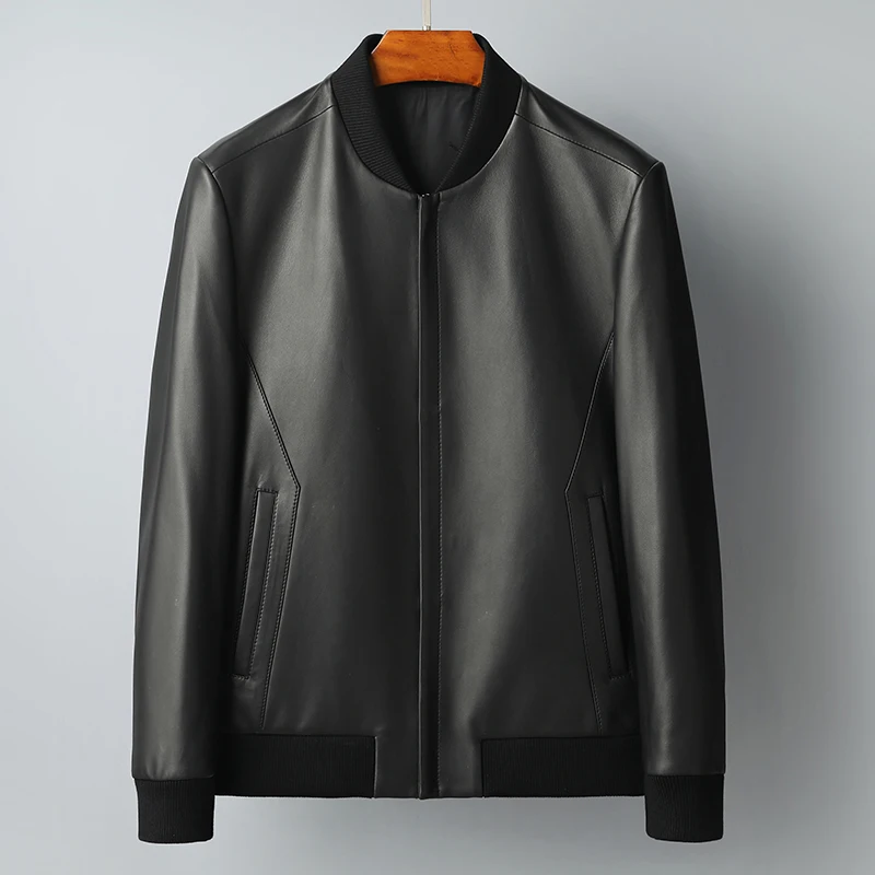

Демисезонная мужская одежда из натуральной кожи, мужская повседневная бейсбольная куртка с воротником из овечьей кожи