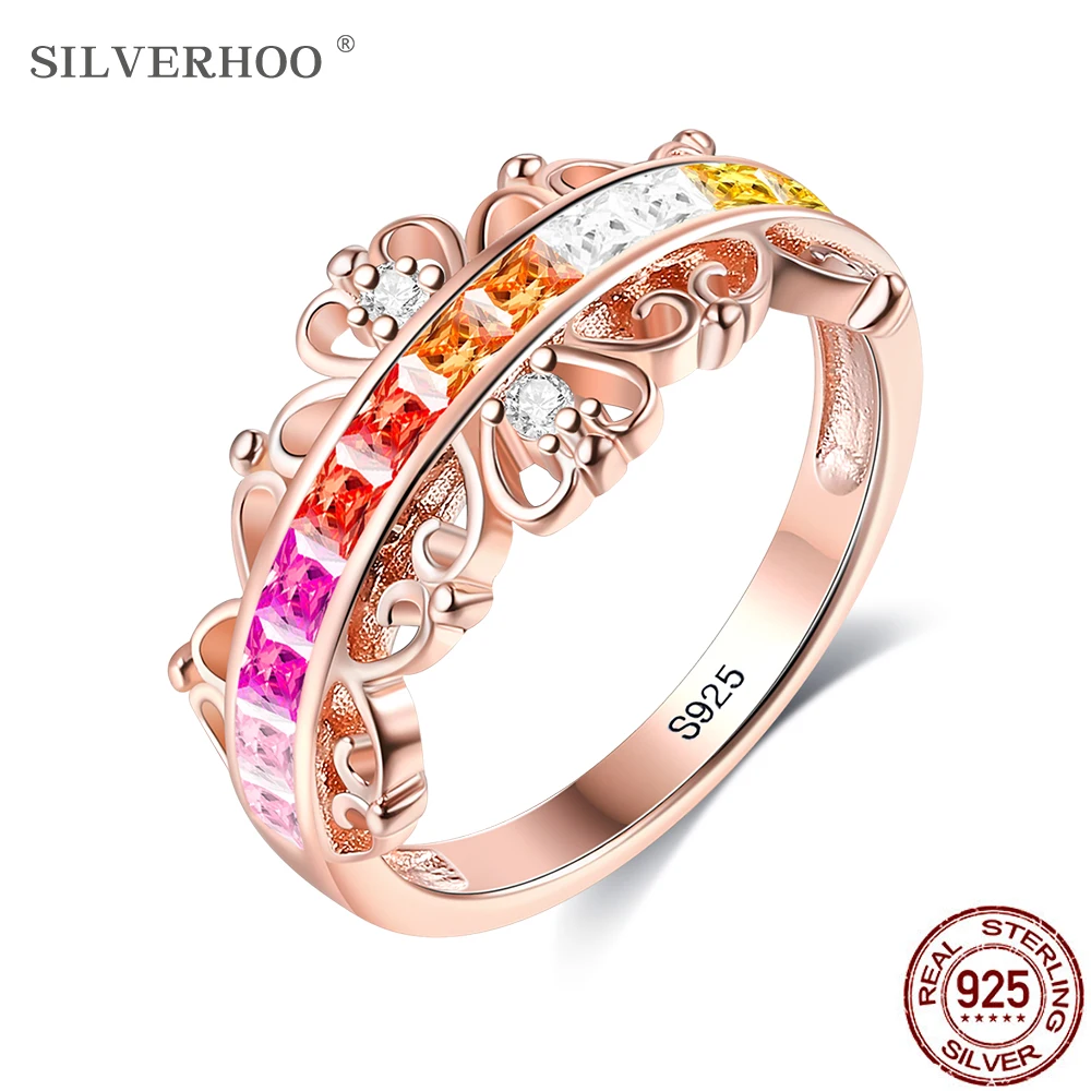 

SILVERHOO S925 Sterling Silver Rainbow Rings For Women Cubic Zirconia Crown Pattern Simple Trendy Engagement Rings Fine Jewelry