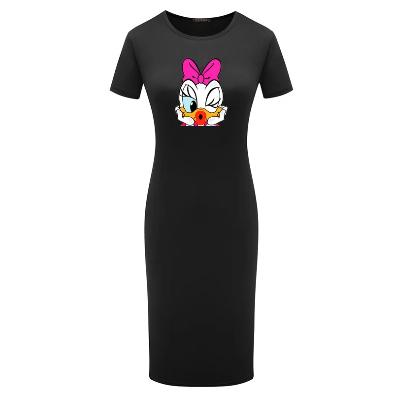 

Pencilsexy Dress Women Short Sleeve Bodycon Disney Cartoon Print Dresses Pencil Summer Kawaii Robes Soild Midi Vestidos Casual