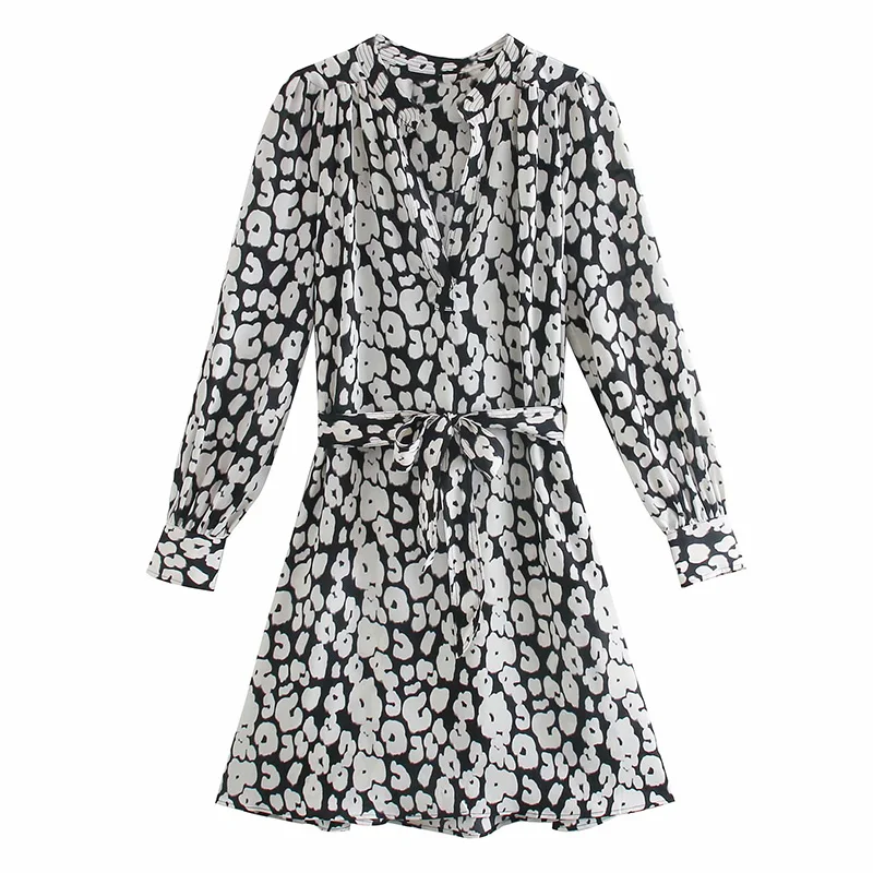 

Elegant V Neck Long Sleeve Straight Design Belted Shirt Dress Women's 2021 New Spring Summer Floral Printed Wasit Short Dresses