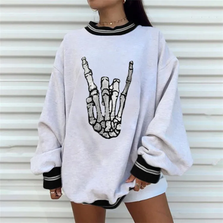 

Fashion pullovers sweatshirt women ladies black bone hand-printed long-sleeved loose oversized White sweatshirts pullover tops