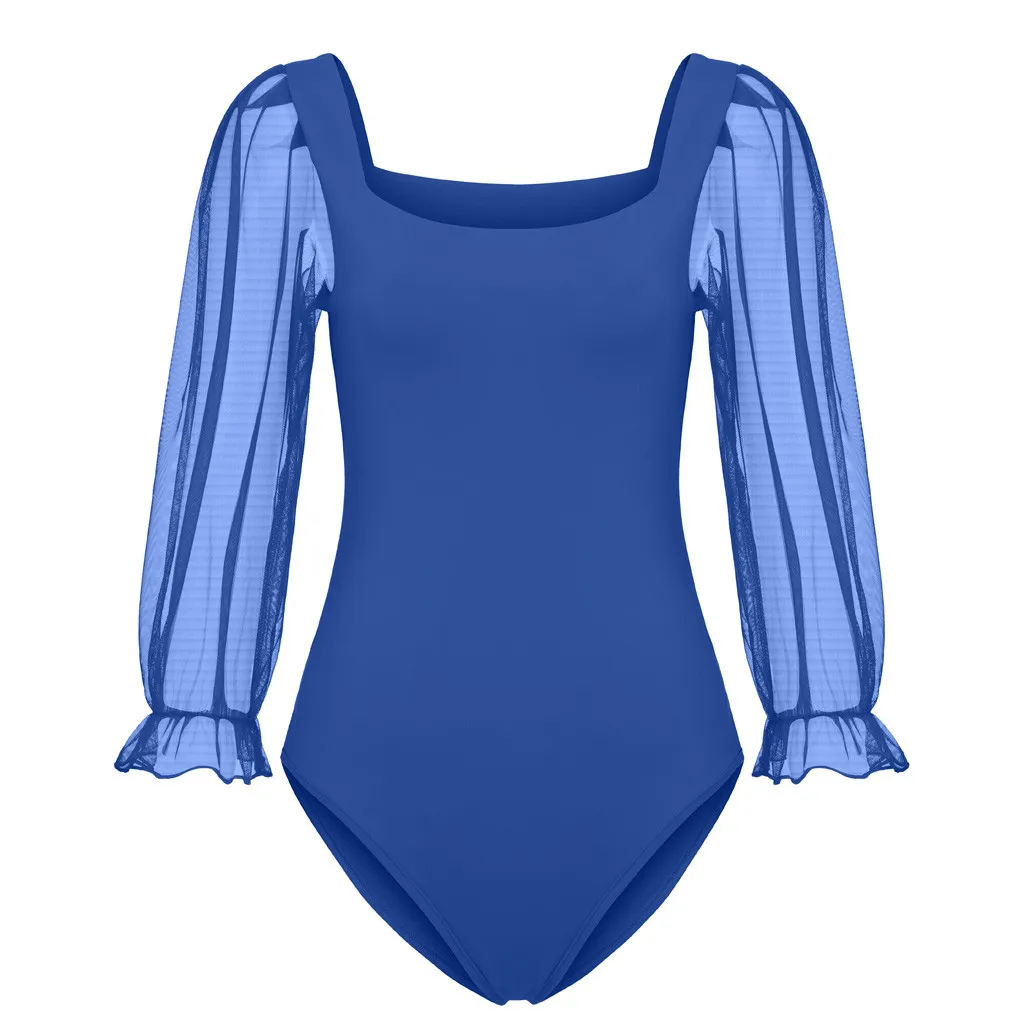 

MIARHB Women Sexy Bodysuits Solid Square Collar Long Sleeve Mesh Sleeve Playsuit Jumpsuit de mujer Combinaisons Femmes