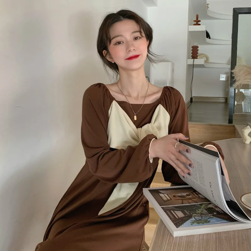 

Autumn/winter Real Shot Autumn and Winter New Korean Style Square Collar Bow Jumpsuit