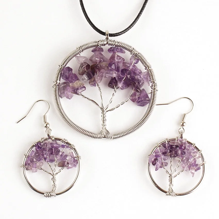 Серьги-подвески в виде дерева жизни с натуральным фиолетовым аметистом |