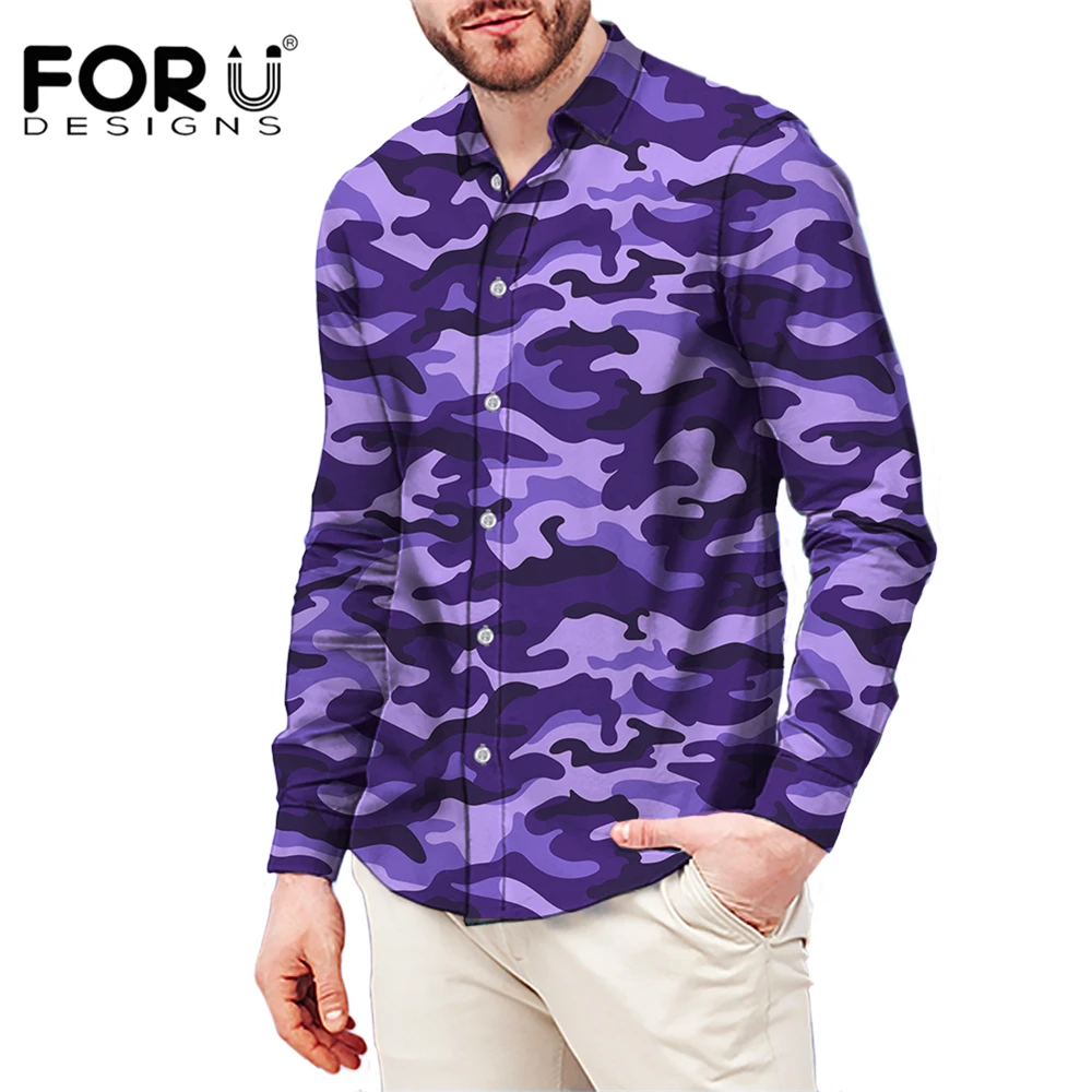 

FORUDESIGNS/фиолетовые камуфляжные мужские топы с длинными рукавами, повседневные платья, рубашки классического размера плюс, рубашки для работ...