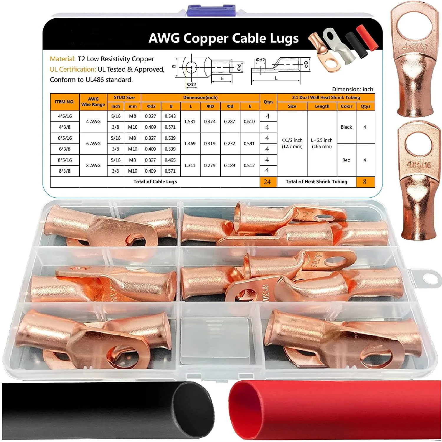 Купи Purple Copper AWG 8 6 4 2 Copper Wire Lugs with Heat Shrink Set, Heavy Duty Cable Closed End Cable Lugs ​Tubular Ring Terminals за 1,019 рублей в магазине AliExpress