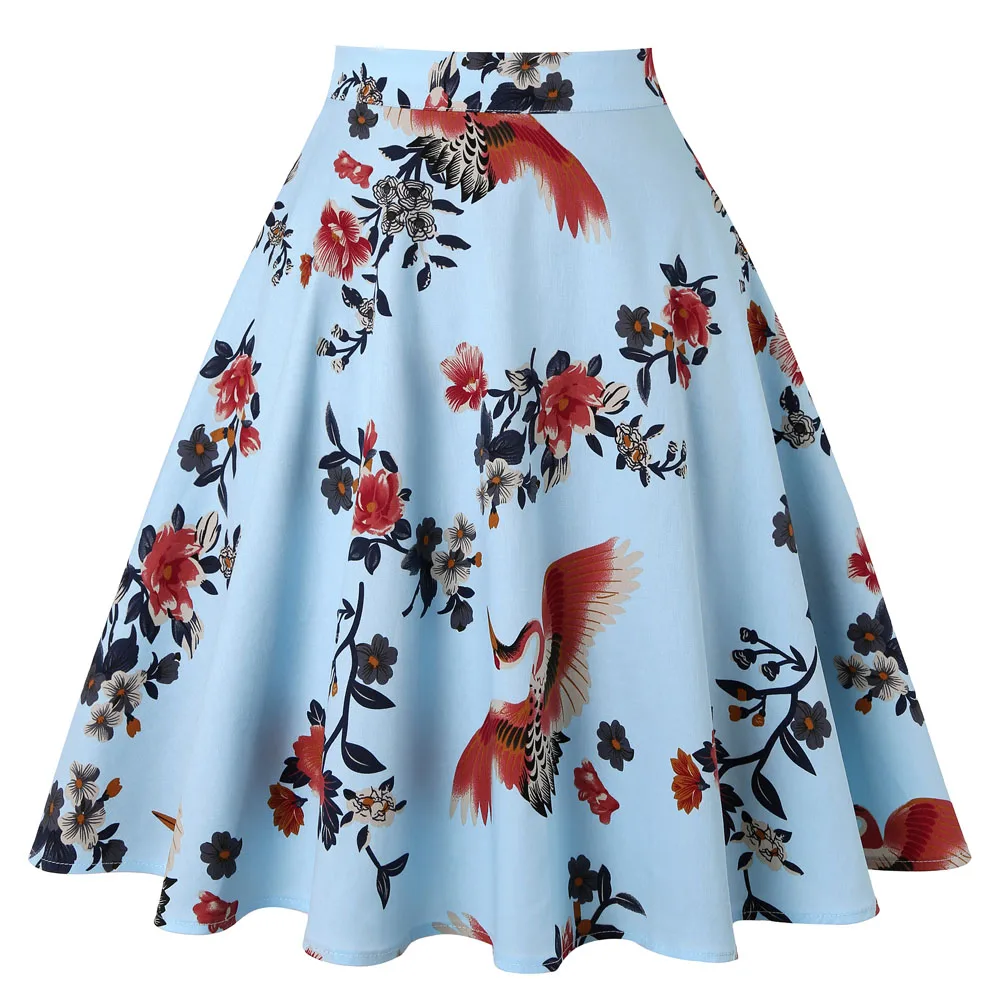 

Vintage Cotton women skirt 2022 new VD0020 high waist crane and flowers print Skater retro swing A Line Skirt