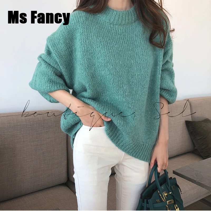 Женский Повседневный пуловер оверсайз зеленый вязаный свитер с круглым вырезом