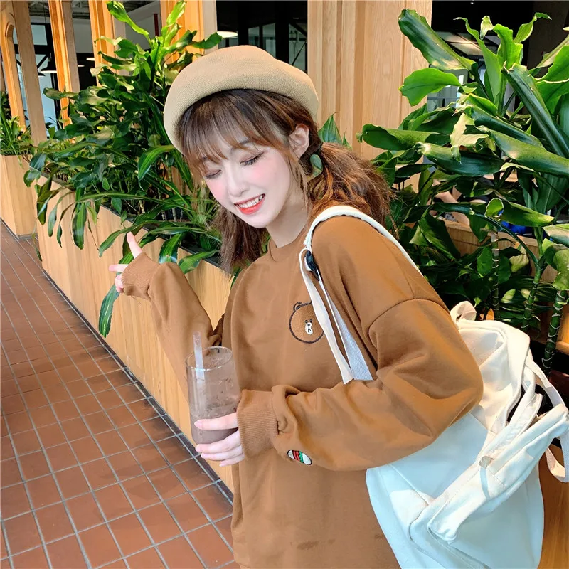 Женские толстовки Harajuku мультипликационный кролик в стиле кавай коричневый медведь вышивка Kpop негабаритный свитер Корейская уличная одежда