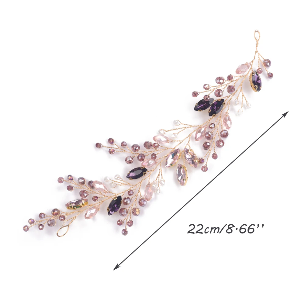 Свадебная повязка на голову с кристаллами фиолетовые стразы золотистая розовыми